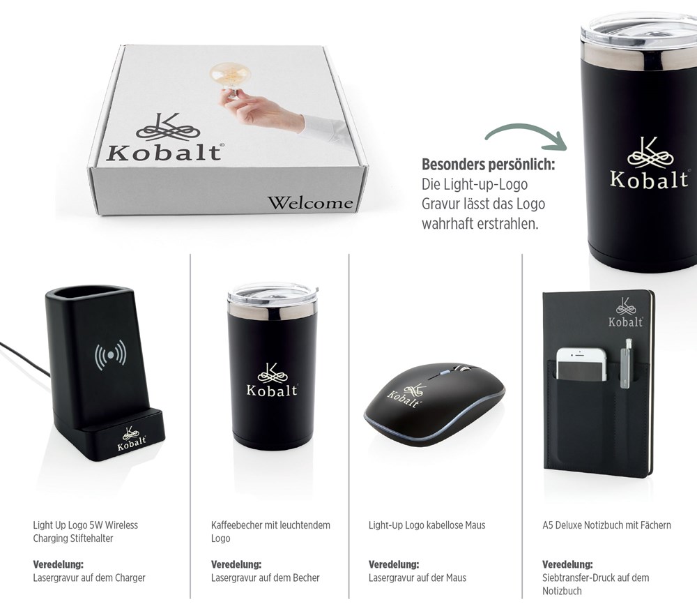 Wireless laden mit dem beliebig zusammenstellbaren Schreibtischset, wählbar aus Stiftehalter, kabelloser Maus und Kaffeebecher mit leuchtendem Logo Wireless laden mit dem beliebig zusammenstellbaren Schreibtischset, wählbar aus Stiftehalter, kabelloser Maus und Kaffeebecher mit leuchtendem Logo