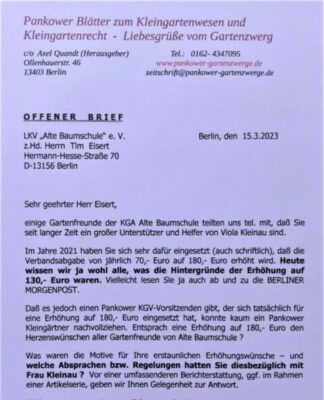 Offener Brief an den Pankower Kleingarten-Vereins-Vorsitzenden Tim Eisert. Es besteht Klärungsbedarf.