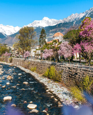 Frühling in Meran, wo glitzernder Schnee und mediterranes Klima aufeinandertreffen