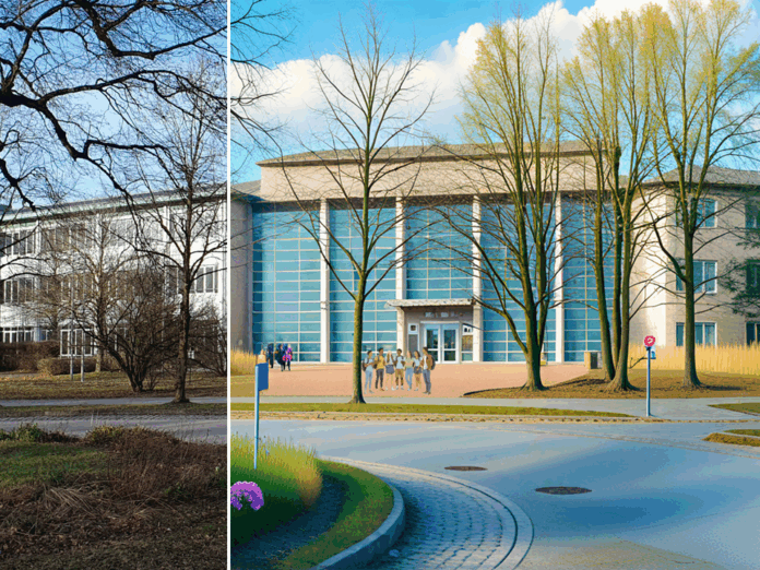 Vom unattraktiven Gebäudeleerstand (Foto links) zum attraktiven Bildungscampus (Bild rechts, KI-generiert*). Der Stadtrat in Haar hat die Weichen gestellt.