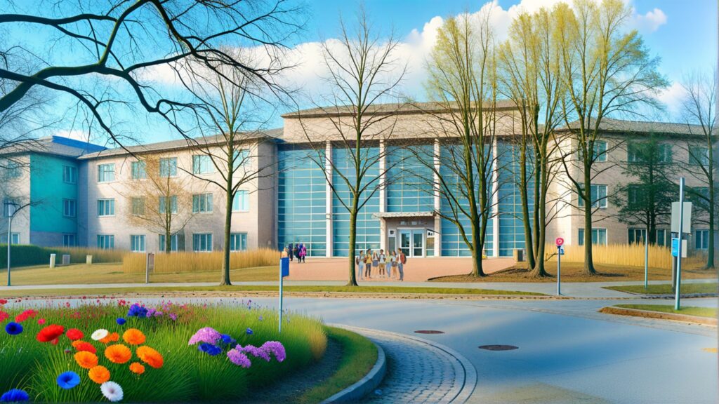 Bilddatei BILD_Schulcampus_Haar_KI_generiert.jpg: Das Gebäude soll als Haarer Schulcampus für weiterführende Schulen umgenutzt werden. (KI-generiertes Bild*)