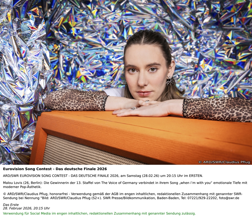 Barbara Schöneberger und Hazel Brugger präsentieren neun Acts bei "Eurovision Song Contest - Das Deutsche Finale 2026" 4 ARD/SWR EUROVISION SONG CONTEST - DAS DEUTSCHE FINALE 2026, am Samstag (28.02.26) um 20:15 Uhr im ERSTEN.
Malou Lovis (26, Berlin): Die Gewinnerin der 13. Staffel von The Voice of Germany verbindet in ihrem Song „when i’m with you“ emotionale Tiefe mit moderner Pop-Ästhetik.
© ARD/SWR/Claudius Pflug