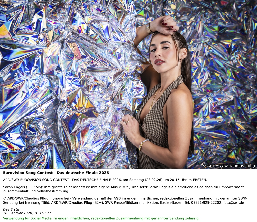Barbara Schöneberger und Hazel Brugger präsentieren neun Acts bei "Eurovision Song Contest - Das Deutsche Finale 2026" 8 ARD/SWR EUROVISION SONG CONTEST - DAS DEUTSCHE FINALE 2026, am Samstag (28.02.26) um 20:15 Uhr im ERSTEN.
Sarah Engels (33, Köln): Ihre größte Leidenschaft ist ihre eigene Musik. Mit „Fire“ setzt Sarah Engels ein emotionales Zeichen für Empowerment, Zusammenhalt und Selbstbestimmung.
© ARD/SWR/Claudius Pflug