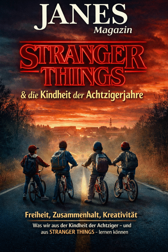 Stranger Things, die Kindheit der Achtzigerjahre 1 Janes Magazin: Stranger Things ist mehr als eine Horrorserie. Sie ist ein Spiegel einer Kindheit, wie sie in den Achtzigerjahren Realität war – in Ost und West. Kinder waren freier, selbstständiger und stärker in Gemeinschaft eingebunden. Konsum spielte eine untergeordnete Rolle, Fantasie dafür umso mehr.
Gerade in der DDR förderte der Mangel Kreativität und Zusammenhalt. Dinge hatten Wert, Beziehungen waren verbindlich. Auch heute noch wirkt diese Prägung nach.
Die Serie zeigt, dass Stärke nicht aus Kontrolle entsteht, sondern aus Vertrauen. Dass Wertschätzung nicht gekauft werden kann. Und dass Gemeinschaft der stärkste Schutz ist – gegen Angst, Unsicherheit und Krisen.